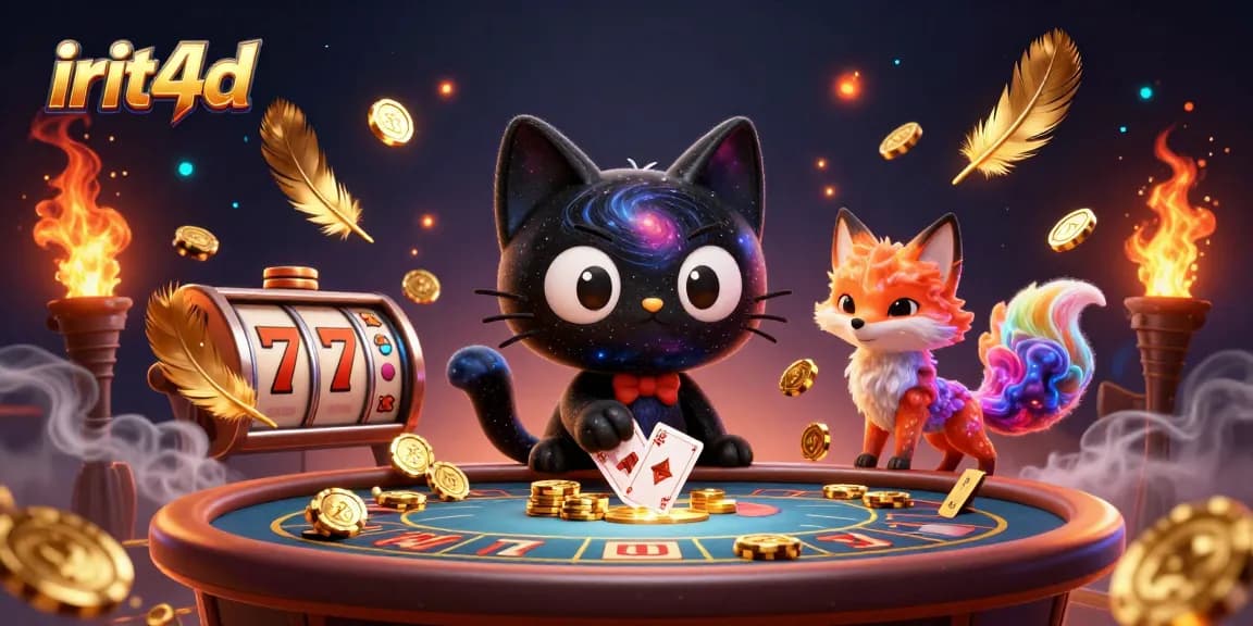 Engage with irit4d’s thrilling gaming scene featuring a cosmic cat and nebula fox pulling in golden chips.