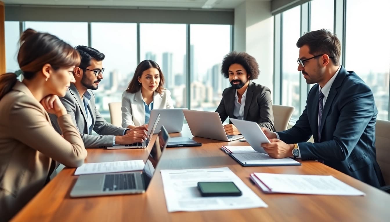 Collaboration in Contract Management with a diverse team reviewing documents in a bright office.