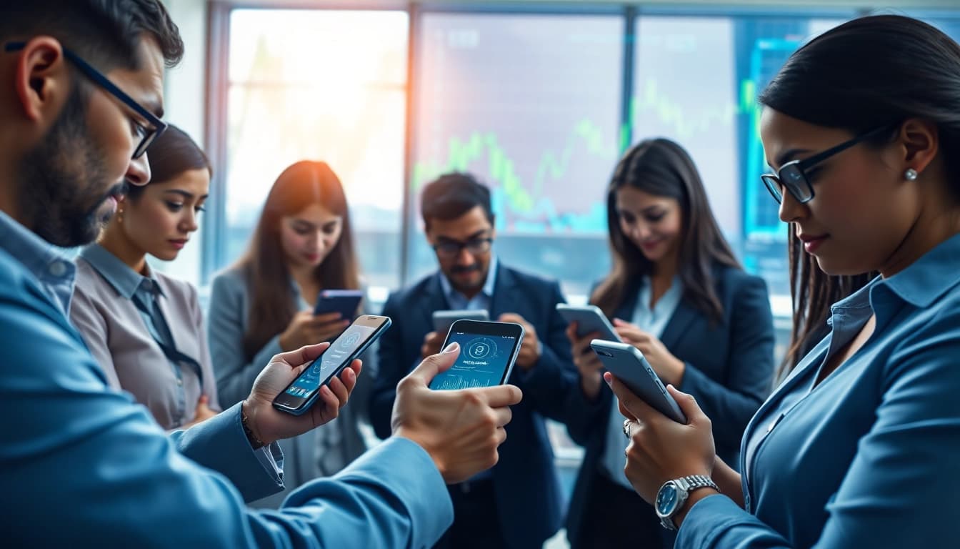 Group of professionals engaging with a crypto mining app in a vibrant, digital environment.