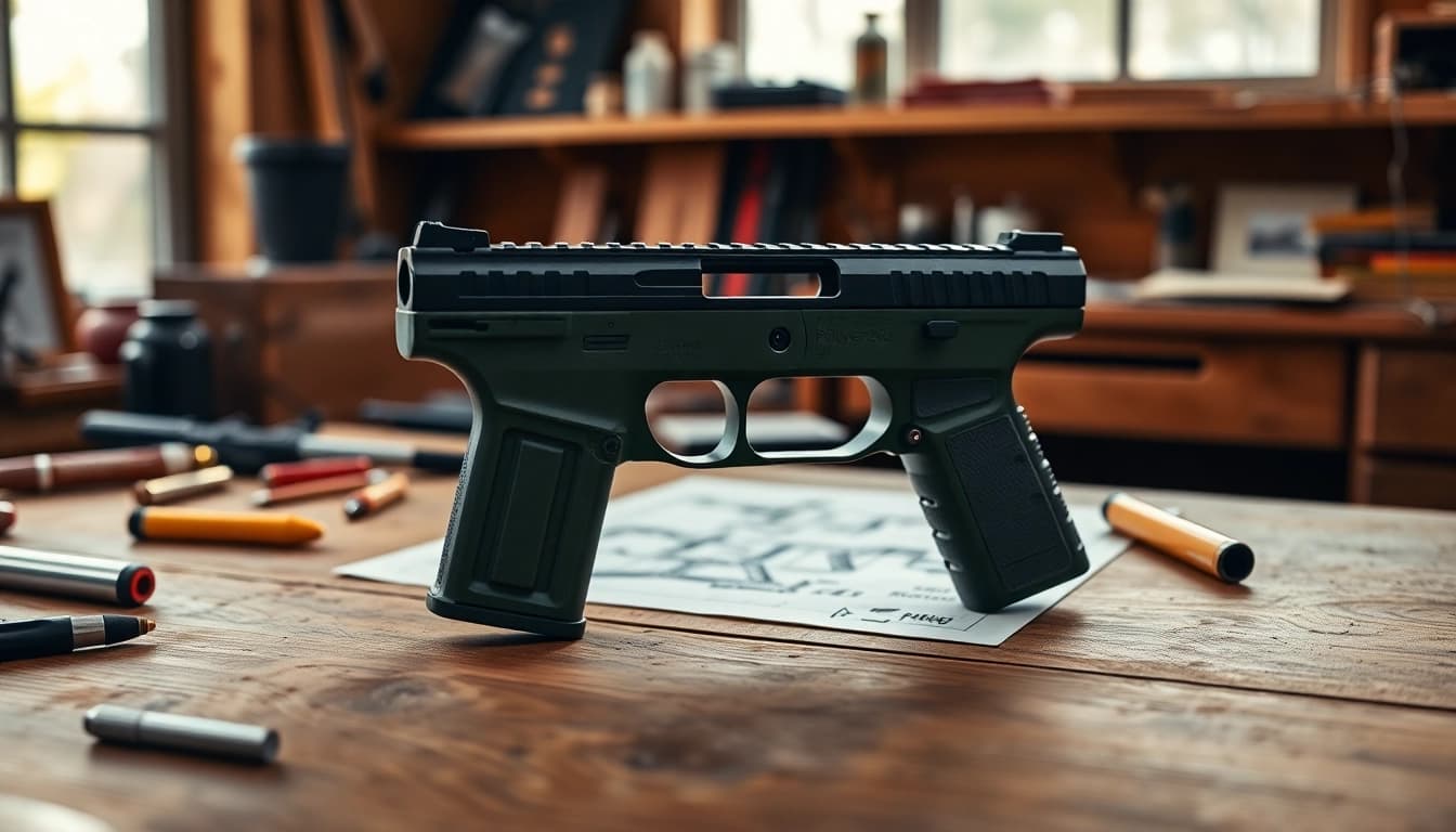 Showcasing polymer80 pf940c frame kit with detailed features and a warm atmosphere.