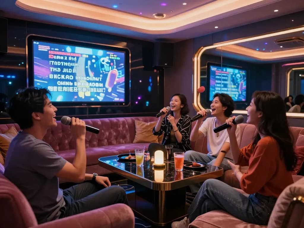 화려한 조명이 비치는 럭셔리 노래방 환경에서 www.gangnamtune.com/perfect에서 노래와 축하의 밤을 즐기는 모습.