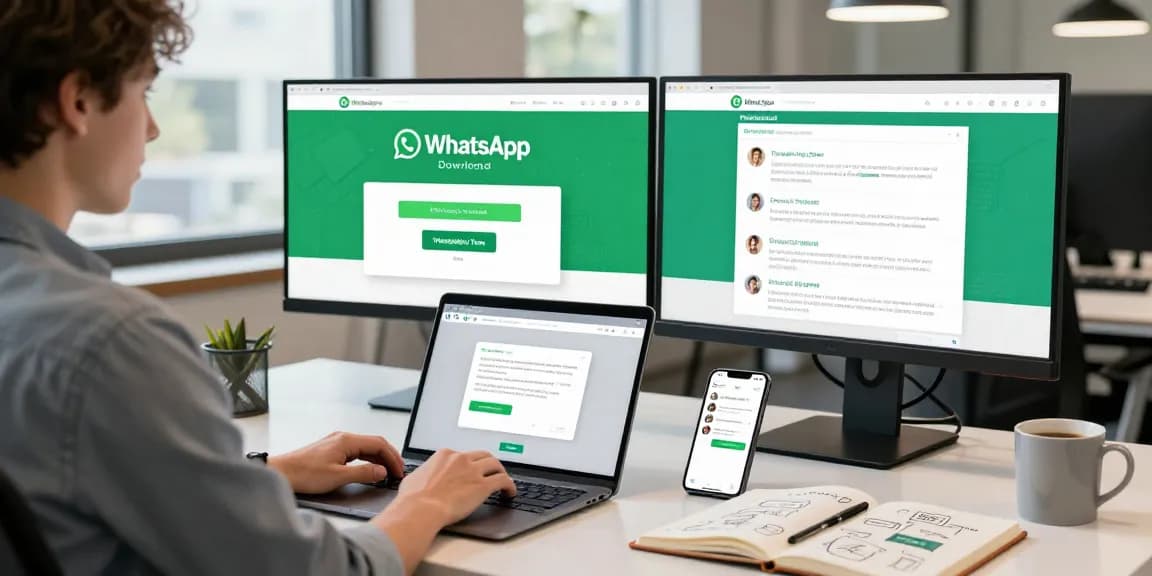 Explore WhatsApp下載 process on modern tech workspace with dual monitors and laptop.