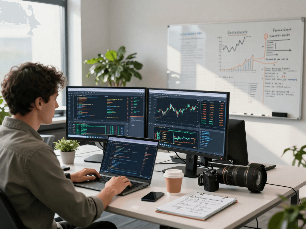 Global futures real-time API development scene with market data analysis and collaboration in a tech workspace.