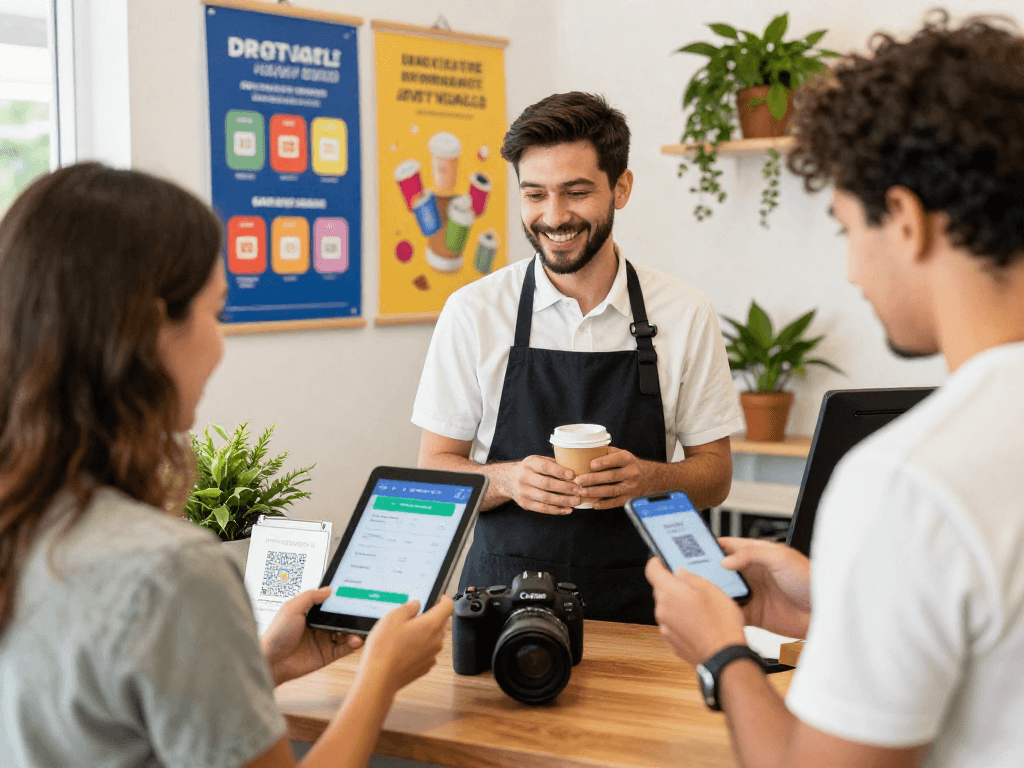Customers engaging with a loyalty application in a vibrant retail setting, highlighting the benefits of a loyalty application.