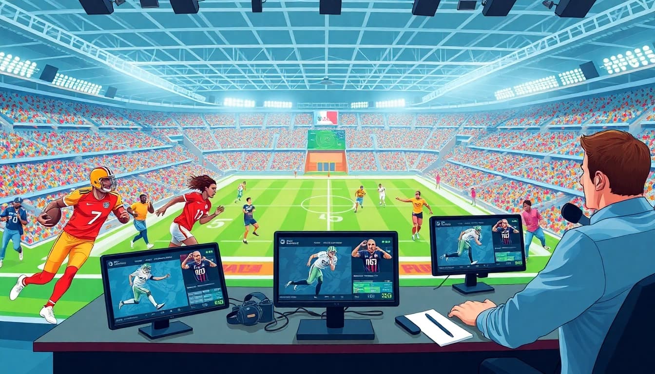 스포츠중계에서 다채로운 경기 모습과 코멘터가 함께하는 역동적인 장면