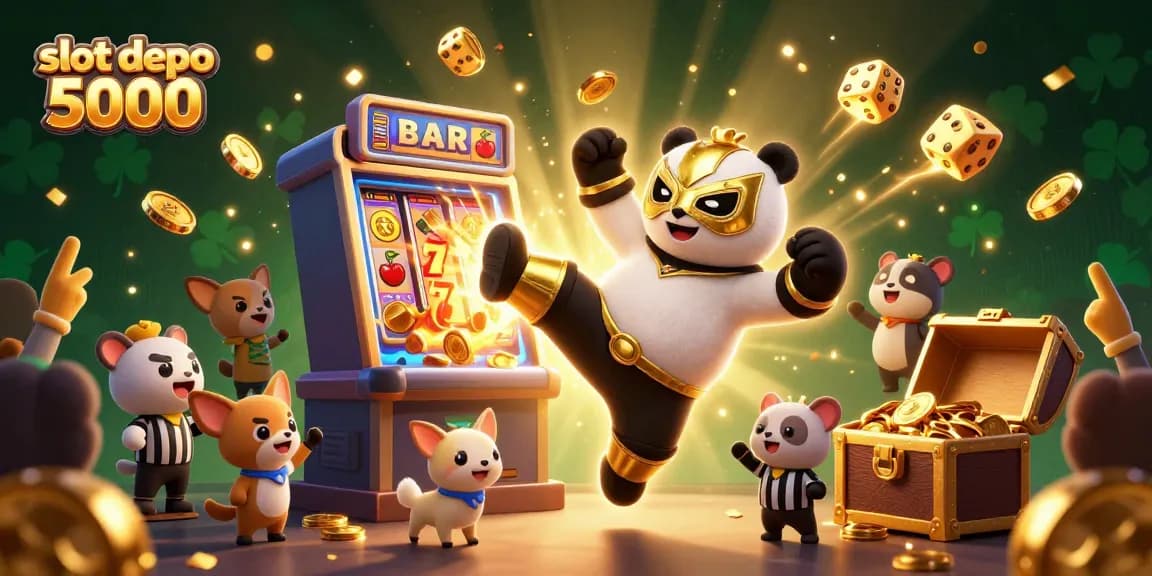 Experience thrilling wins with slot depo 5000 at an exciting casino scene featuring animal characters.