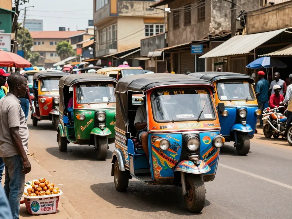 Tuk tuk chaos in Kenya as vibrant vehicles navigate busy streets filled with drivers and pedestrians.