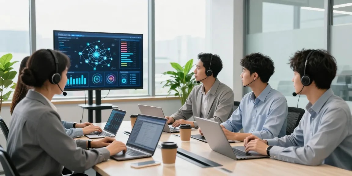 IT support services for small businesses featuring a collaborative team discussing proactive IT solutions in a modern office.