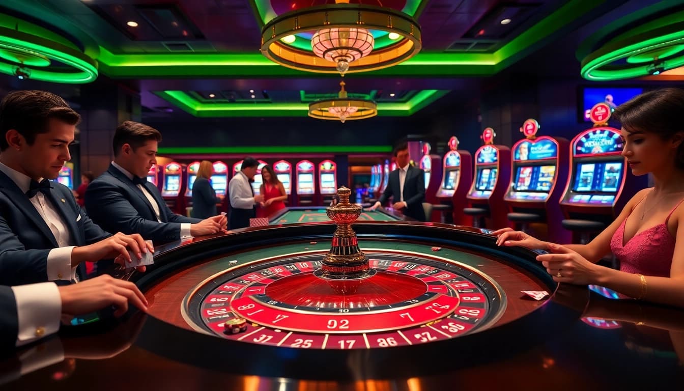 Pemain bertaruh di meja kasino taruhan tinggi yang terinspirasi oleh jmacdonaldphoto.com, dengan roulette berwarna-warni dan suasana yang hidup.