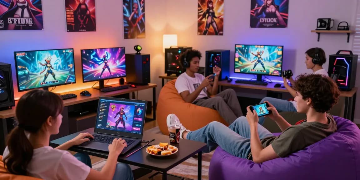 Engaged gamers playing hentai games on devices in a cozy gaming room, showcasing vibrant graphics and interactive character creation.