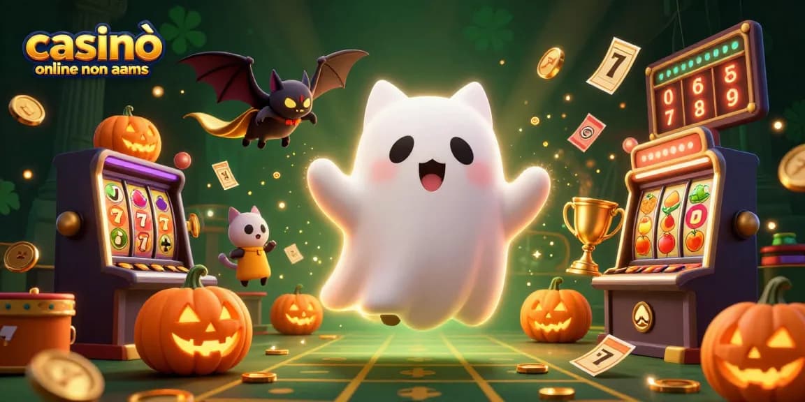 Giocando nei casinò online non AAMS con un gatto fantasma e simboli di slot nella scena avvincente.