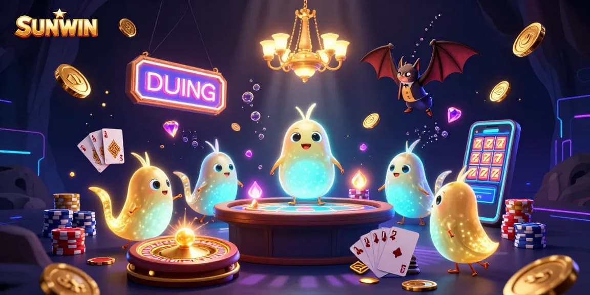 SUNWIN's vibrant online casino scene illuminates excitement with a whimsical glowworm team and a bat dealer.