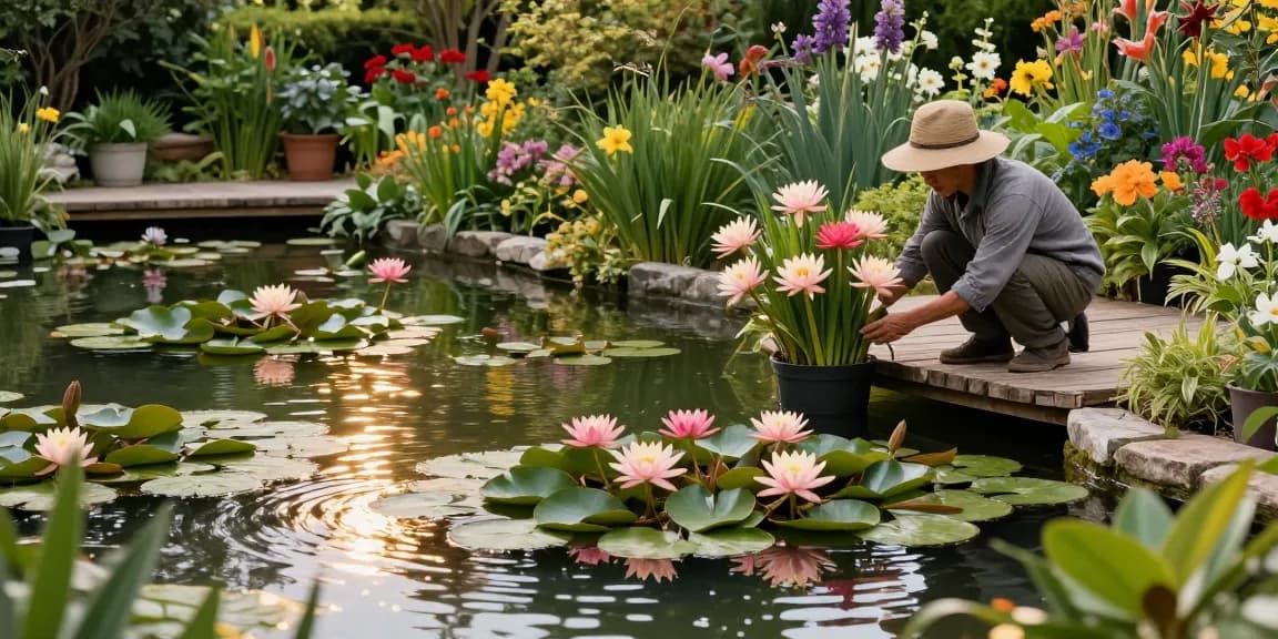 Buy Water Lilies in a serene garden pond with vibrant blooms and a gardener tending to the plants.