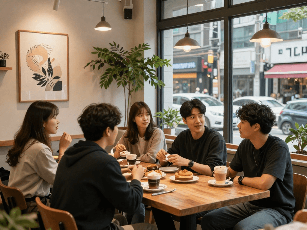 강남 멀리건에서 편안한 분위기로 친구들과 함께하는 카페 모습