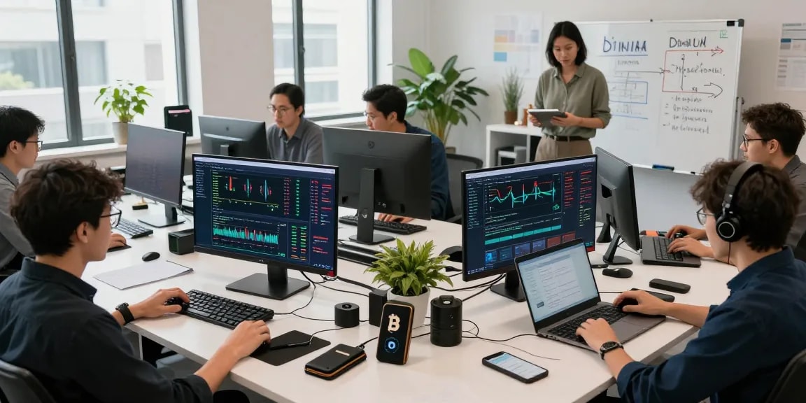 bitcoin mining contract displayed on screens in a vibrant trading workspace with professionals analyzing cryptocurrency data and managing digital wallets.