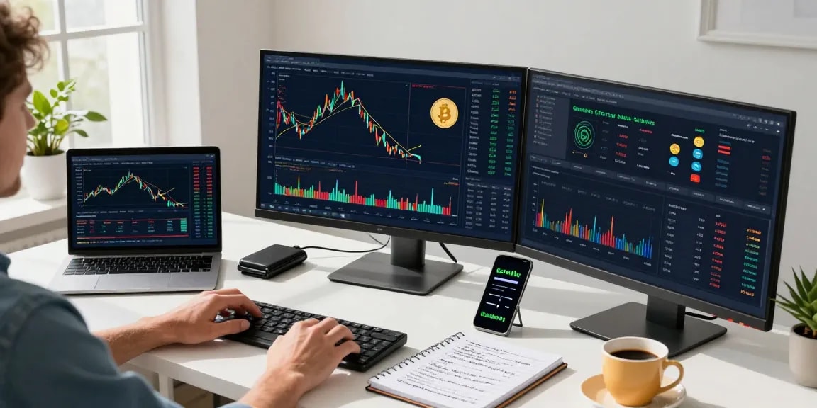 Green energy cloud mining analysis in an innovative crypto trading setup, showcasing cryptocurrency market trends and DeFi yields on multiple screens.