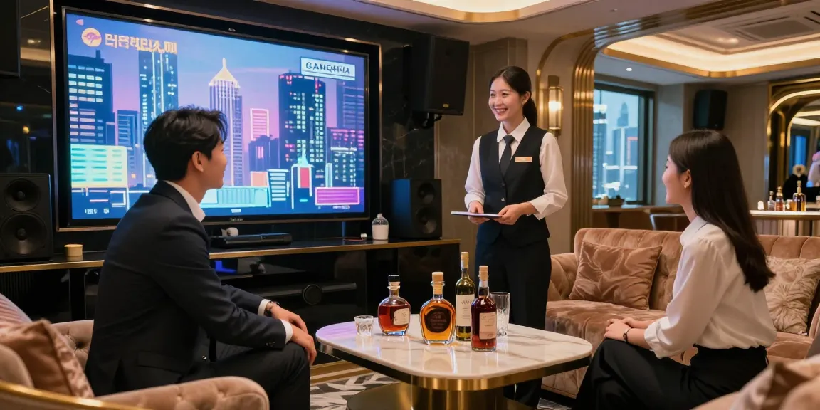 www.gugudanlounge.com/ 강남의 프리미엄 카라오케 라운지에서 전문 직원과 상호작용하는 비즈니스 전문가의 모습.