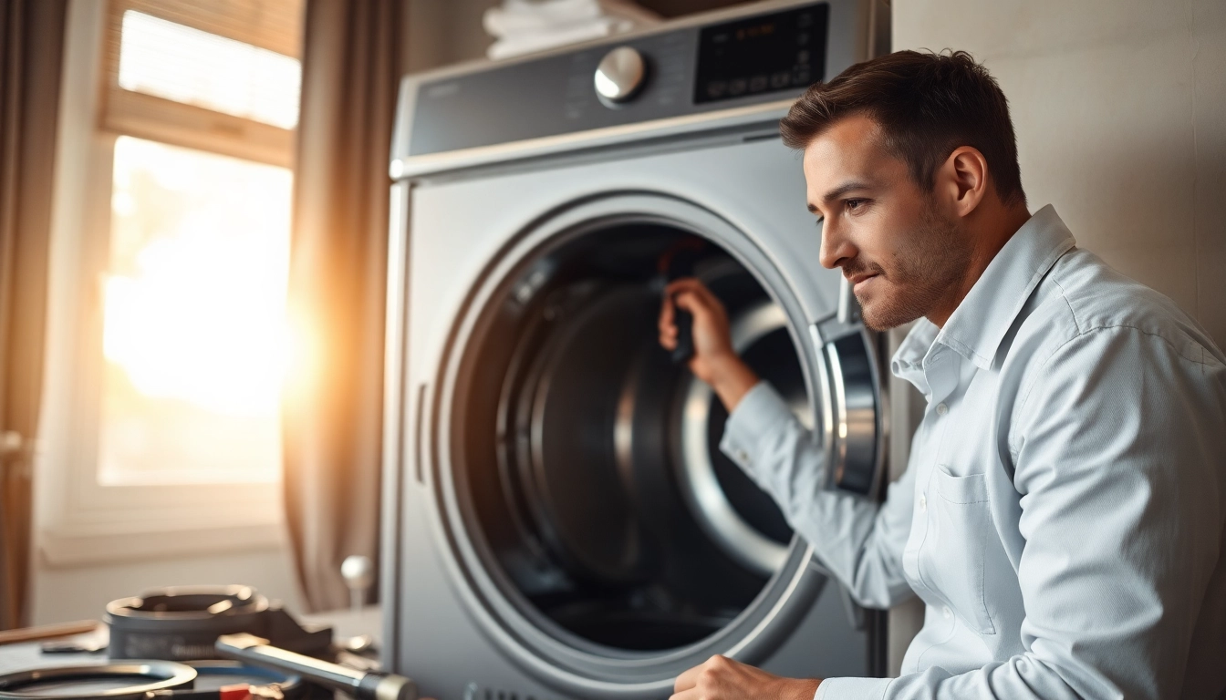 Gas dryer repair technician diligently working on a dryer, showcasing professional expertise.