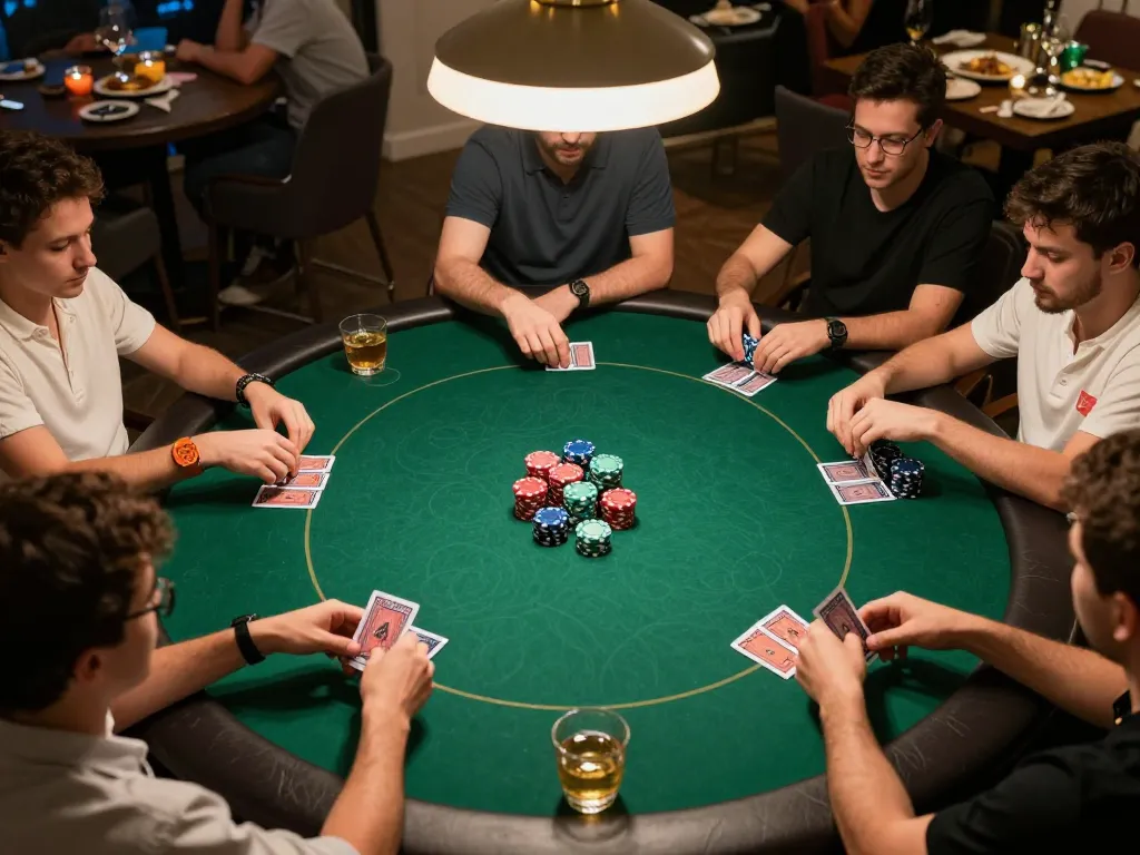 Players enjoying poker at home, strategizing the game with w 88 chips in an engaging atmosphere.