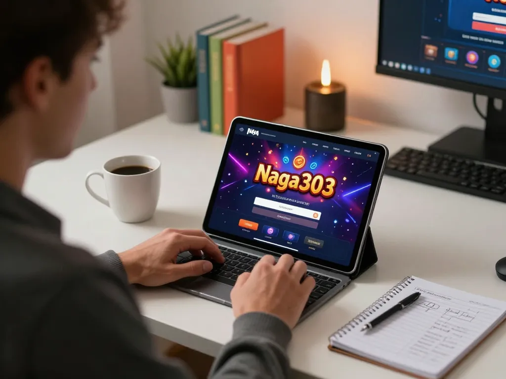 Naga303 login interface displayed on tablet with a player immersed in online gambling strategy at home.
