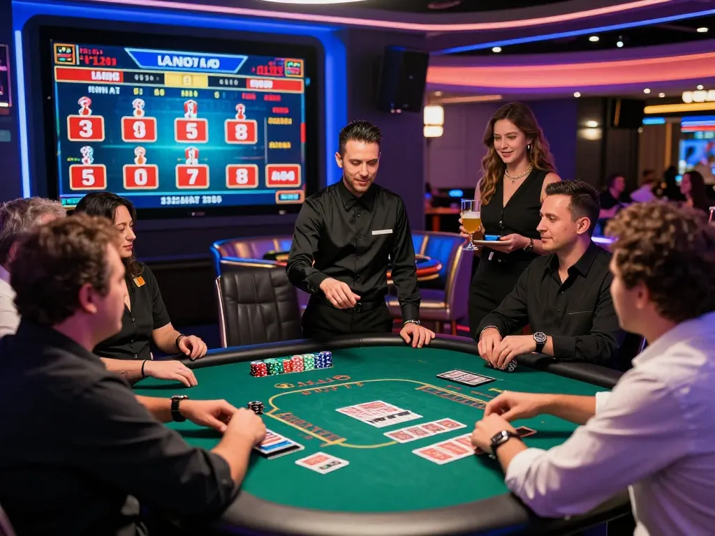 Exciting live casino scene at https://bong99.pro/ with players around a vibrant green felt table featuring a dealer and colorful chips.