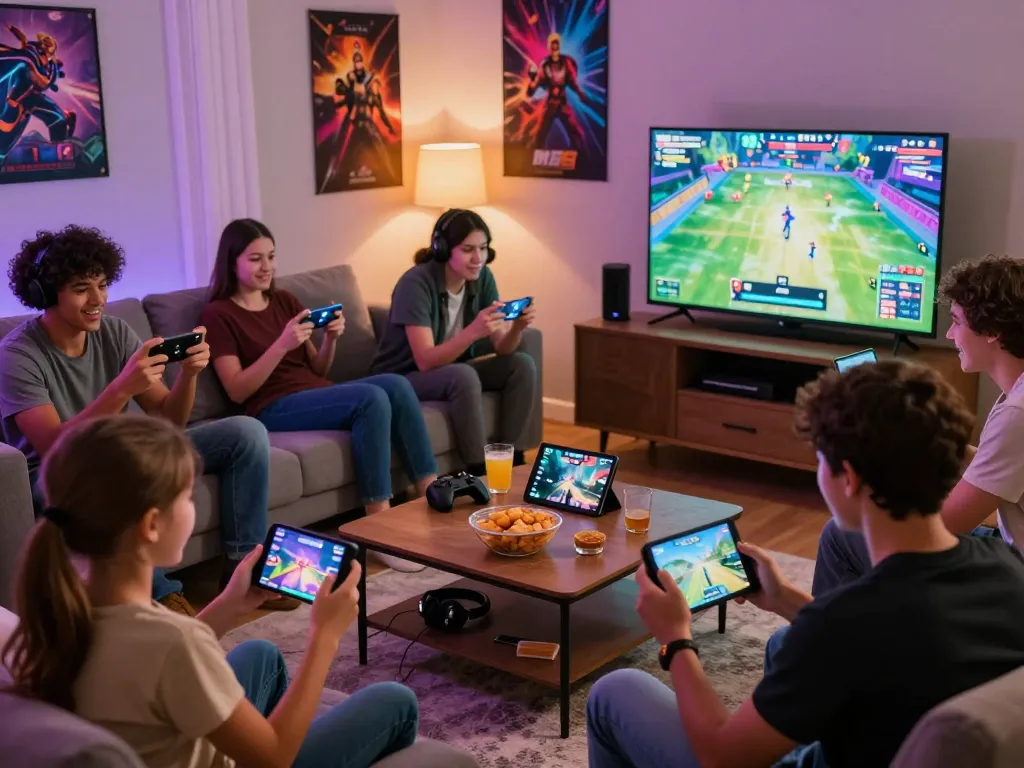 Players enjoying autowin88 games in a cozy environment with smartphones and snacks.