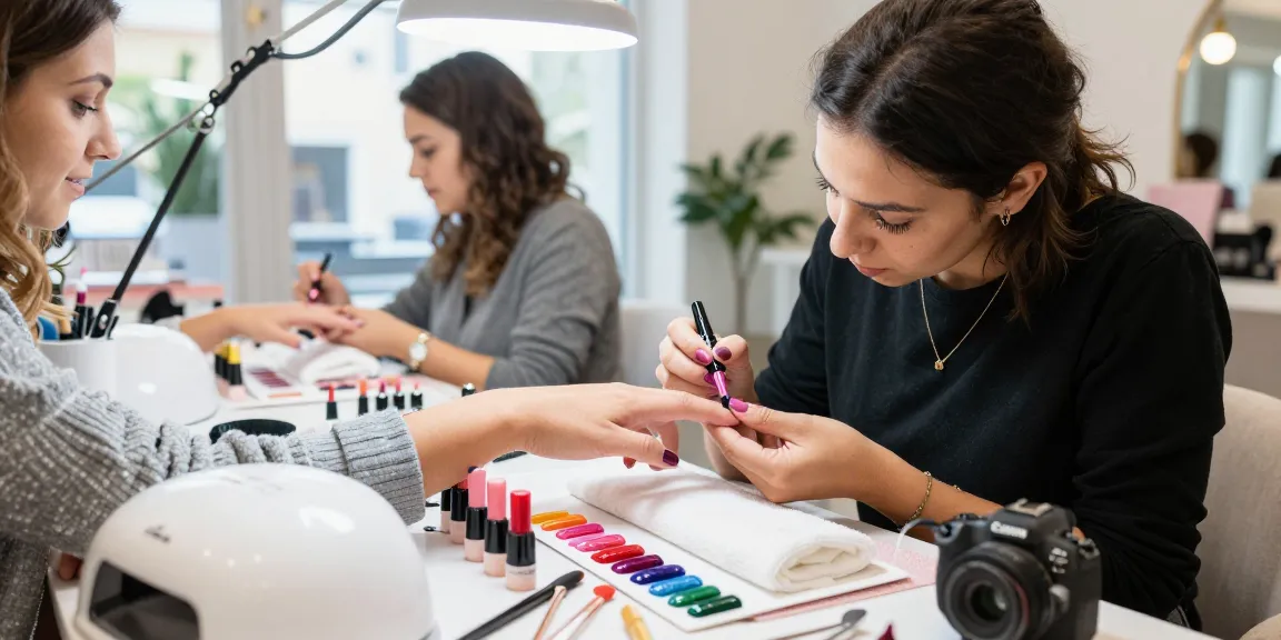 Aplicare profesională a ojei semipermanente în un salon de frumusețe modern, cu culori vibrante și decor elegant.
