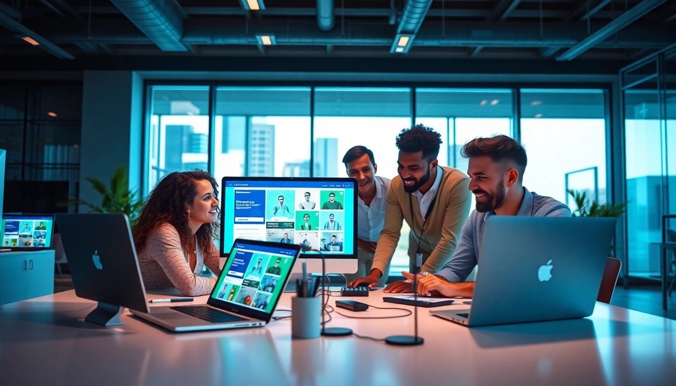 Website erstellen lassen mit einem engagierten Team im modernen Büro, kreativ arbeiten.