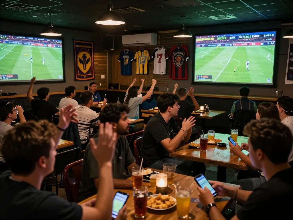 Soco live betting excitement at a vibrant sports bar during a live soccer match.