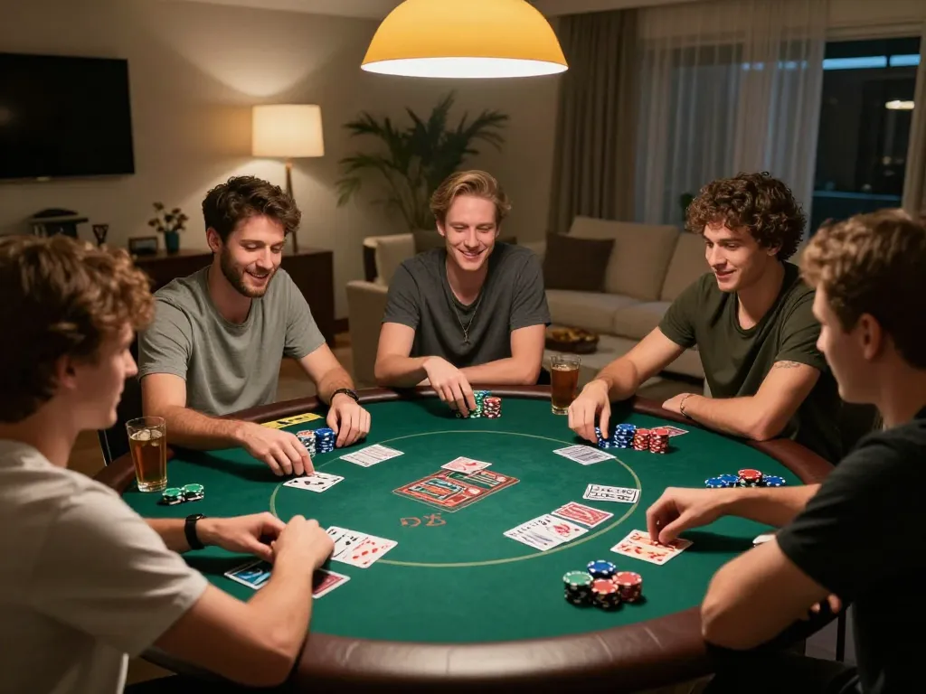 Friends enjoying a poker night at home with AE888 TRANG CHỦ focused on strategy and fun