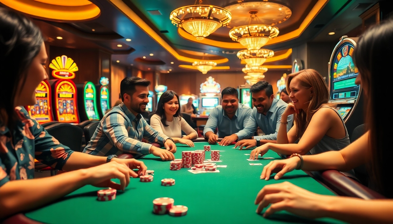 Interwin menghadirkan suasana kasino yang meriah dengan pemain yang bersemangat di meja poker.