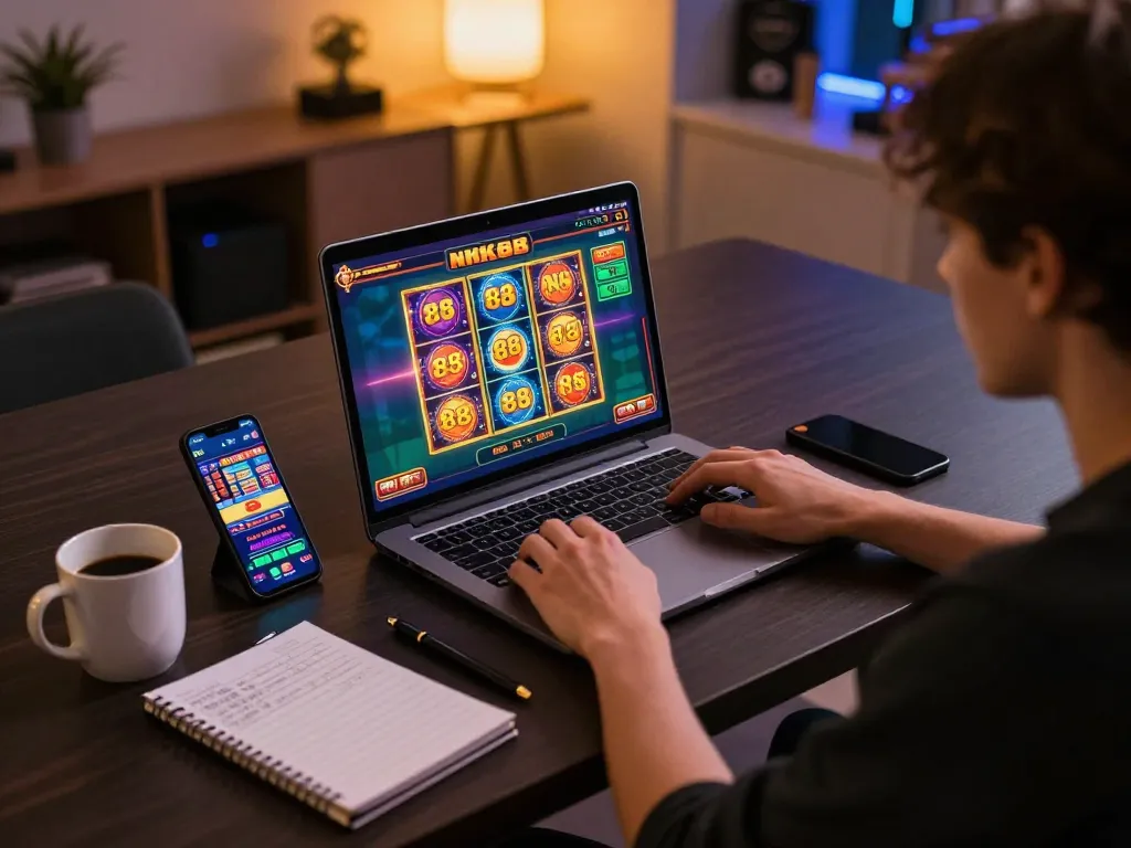 Engaged player enjoying nk 88 online slots on a laptop in cozy gaming setup.