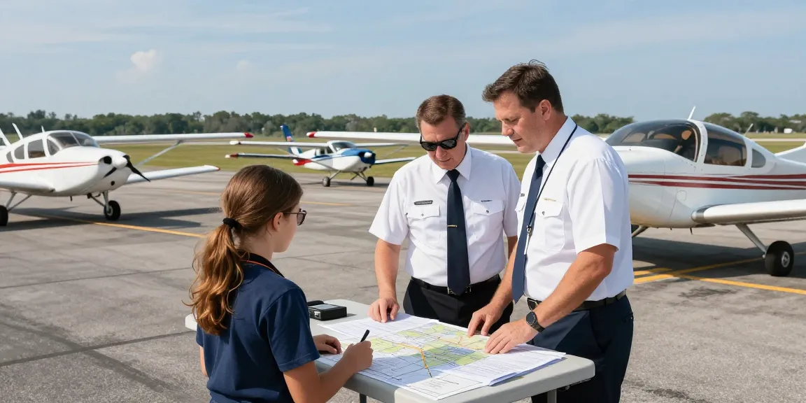 Savannah Aviation near me: Aviation instructor preparing a student for a flight in Savannah with diverse aircraft and scenic location.
