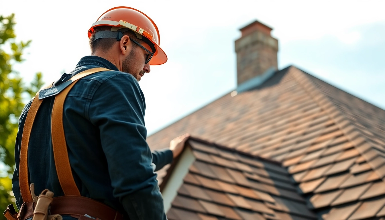 Roofing contractor inspecting a residential roof, showcasing professionalism and expertise.