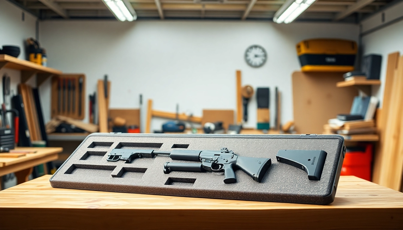 Custom foam for rifle case with detailed cutouts arranged on a wooden workbench.