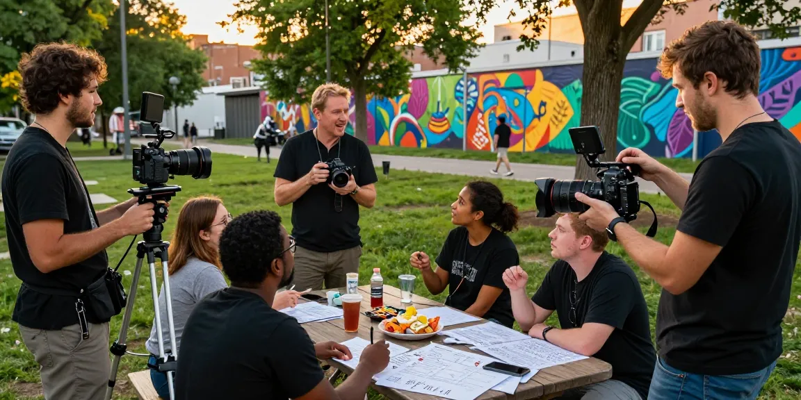 Dreambox Studio team collaborating on a creative video shoot in a vibrant park.