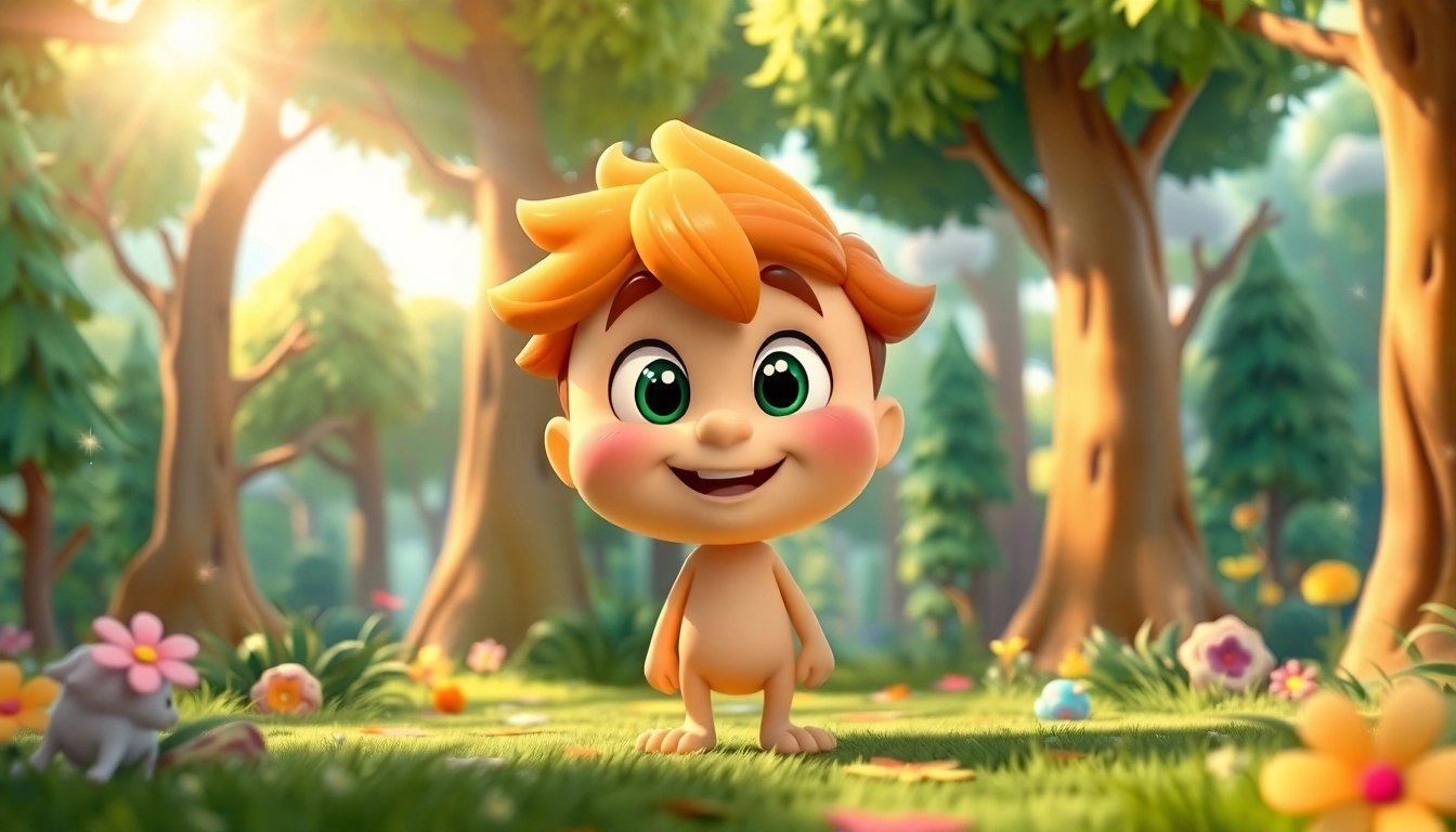 Gestalten Sie 2D Animation mit einem fröhlichen Charakter in einem lebendigen Wald.