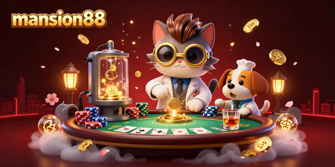 Experience the thrill of betting at mansion88, featuring a vibrant scene with a mad scientist cat and lab assistant amidst a packed casino atmosphere.
