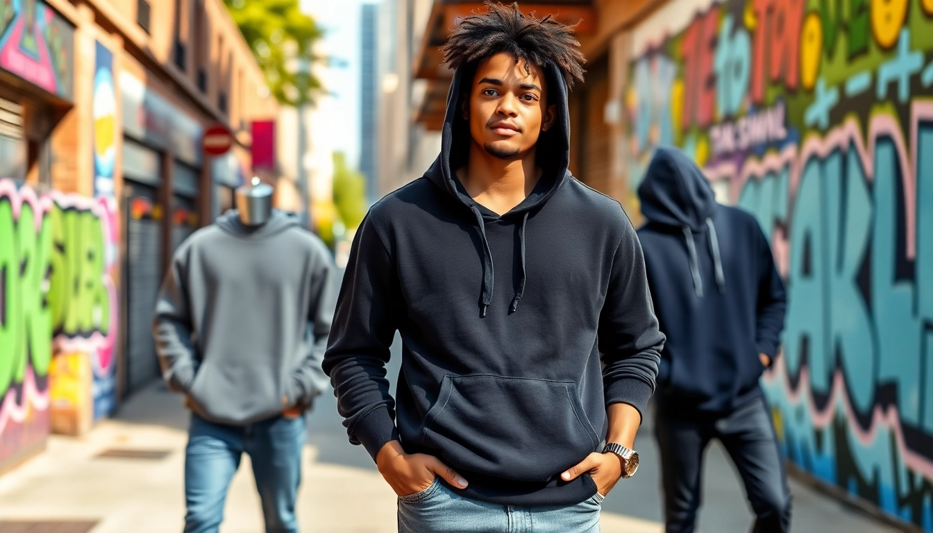 Model confidently wearing trendy blank hoodies in an urban setting with vibrant graffiti.