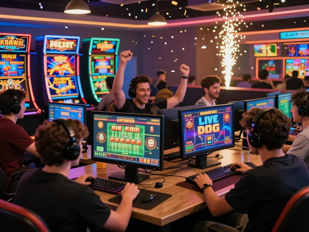 Exciting go88 gaming scene showcasing players enjoying diverse games and celebrating wins in a vibrant online environment.