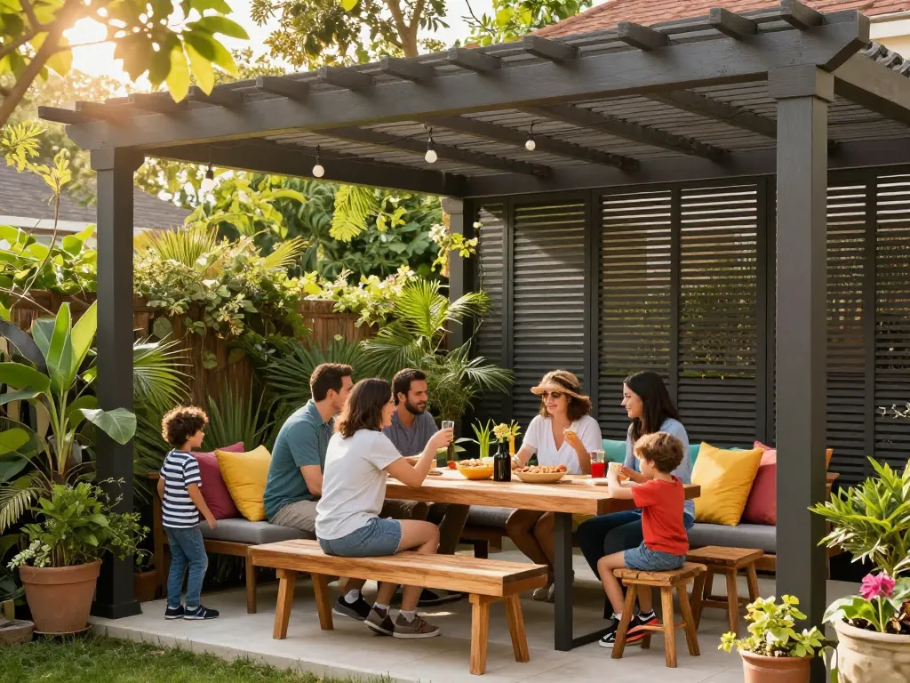 Family enjoying a summer day under a stylish pergola configurator design, full of greenery and snacks.