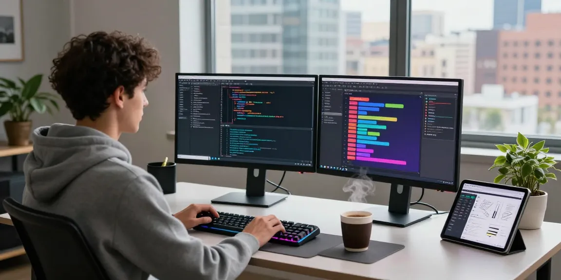 Developer in a modern workspace coding for 纸飞机下载 app, with dual screens, coffee, and a city view.