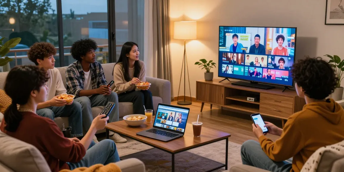 티비위키와 함께 TV 프로그램을 즐기는 친구들, 따뜻한 분위기의 거실에서 스낵과 음료를 나누며 이야기하는 모습