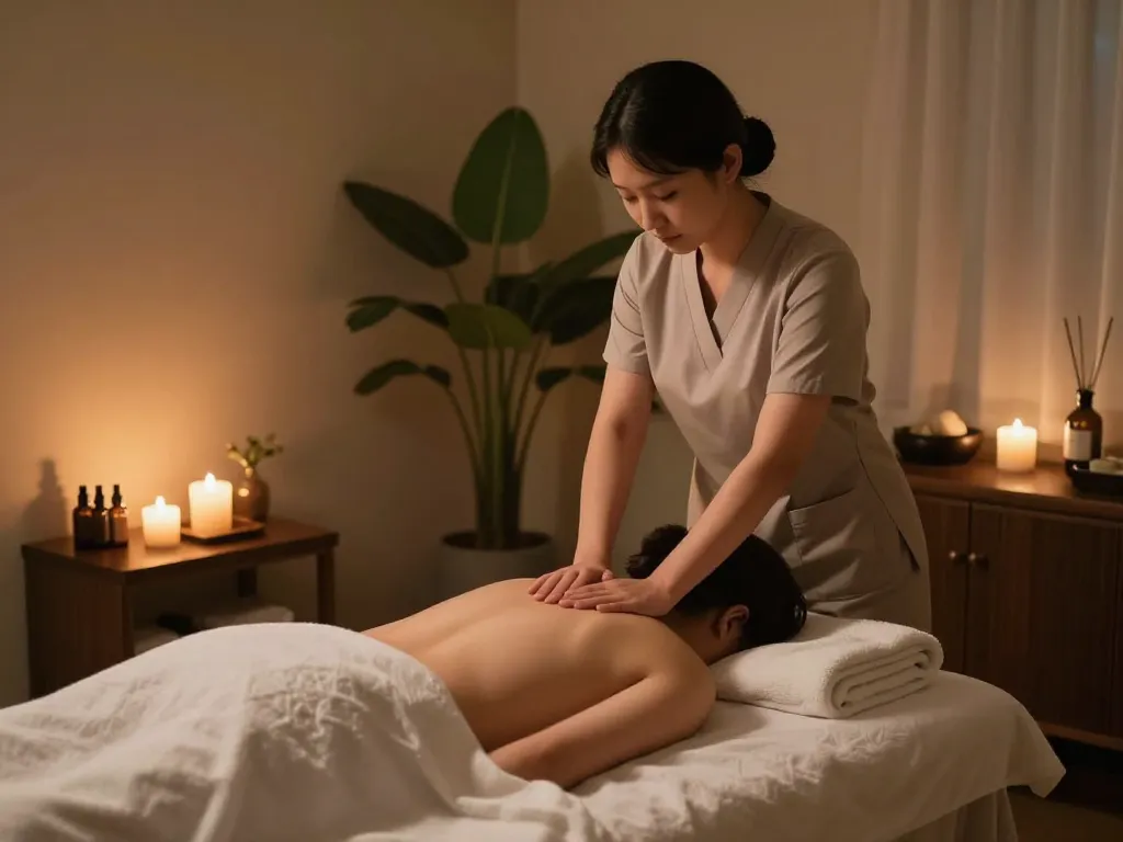 부드러운 조명과 편안한 분위기의 세련된 스파 설정에서 진행되는 편안한 신사동 마사지 치료 세션.