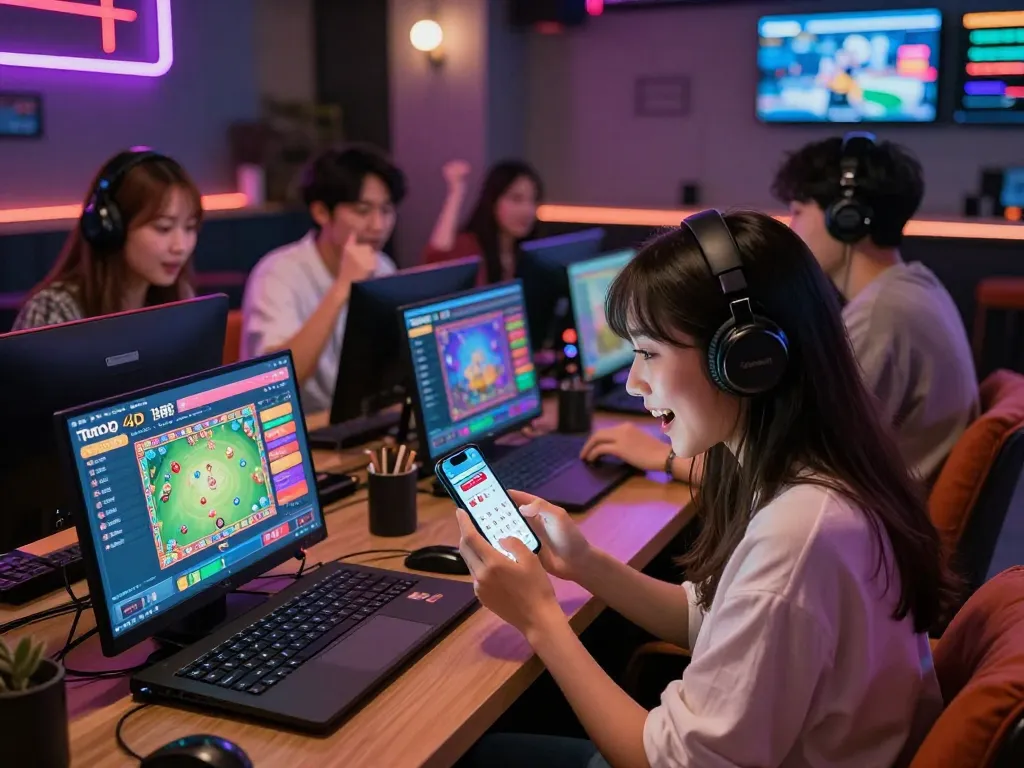 Engaging online gambling atmosphere at BAYITOTO, featuring diverse players checking the Toto 4D game on their smartphones and laptops, reflecting excitement and community.