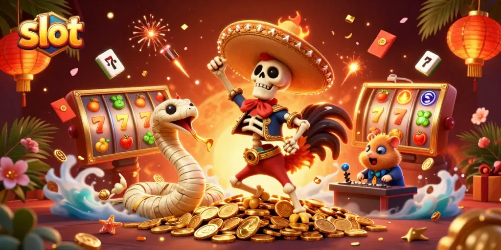 Slot gacor di VIUTOTO, merayakan kemenangan dengan simbol keberuntungan dan uang emas.