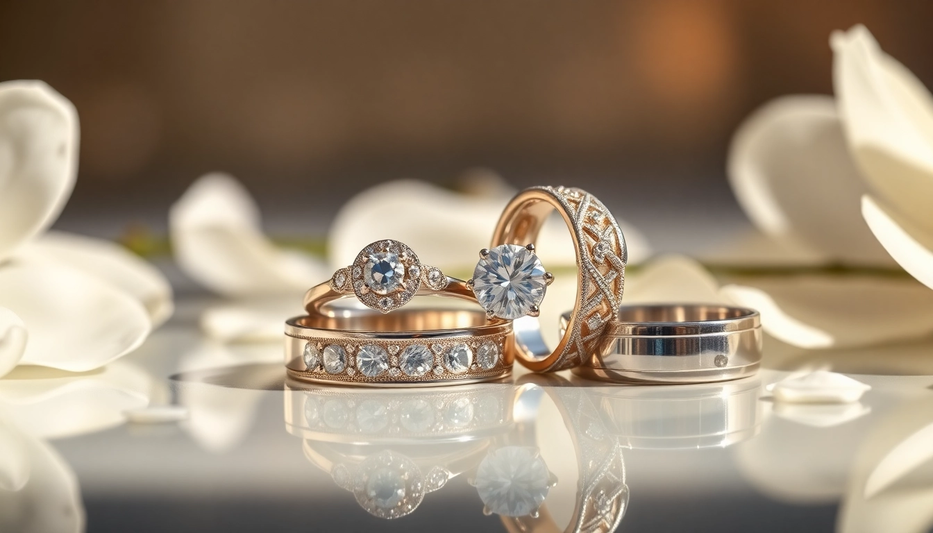 Stunning wedding rings beautifully arranged with delicate petals and soft lighting.