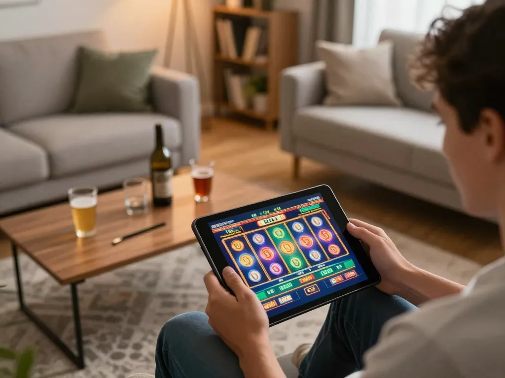 Engaging gameplay at home with tablet showing lively slot game interface, creating a cozy gaming atmosphere.