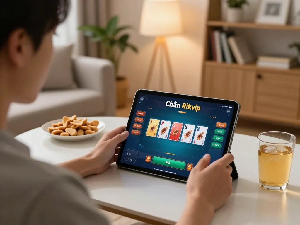 Cách Chơi Chắn Rikvip at home, person engaged in online gaming on a tablet with snacks and drinks.