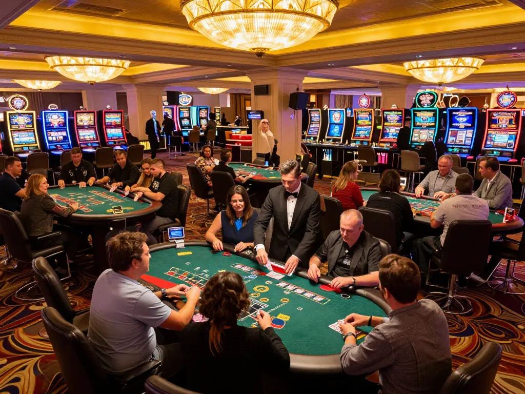 Thabet casino players engaged in blackjack strategy with vibrant atmosphere and warm lighting